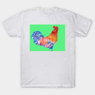 Rooster Chicken Watercolor Painting on Green T-Shirt